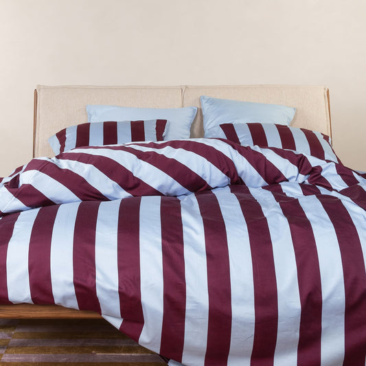 Essenza Minte Stripe Mauve Wine Ice Blue Satin Bettwäsche